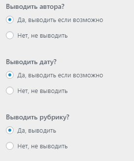 настройки вывода отдельных элементов: даты публикации поста, имени автора, названия рубрики, миниатюры